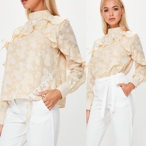 Missguided | Nude Lace Up High Collar Blouse